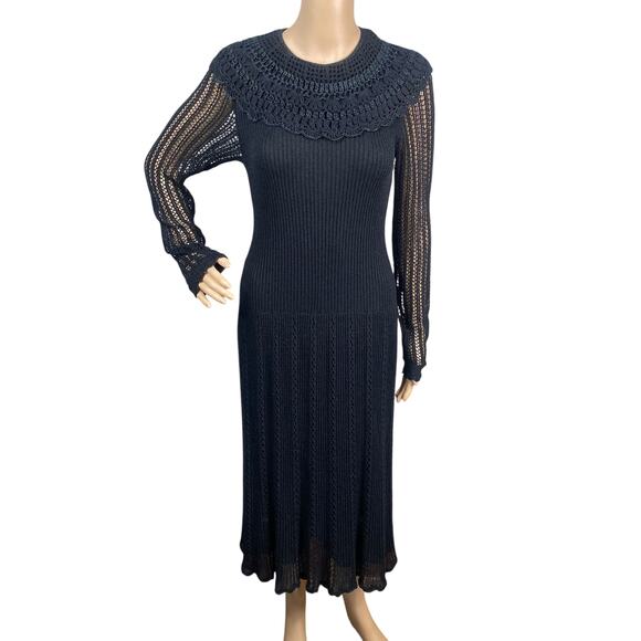 Vtg 60s Nina Spain Black Gothic Lolita Crochet Collared Knit Midi Dress SZ M/L - Picture 1 of 11